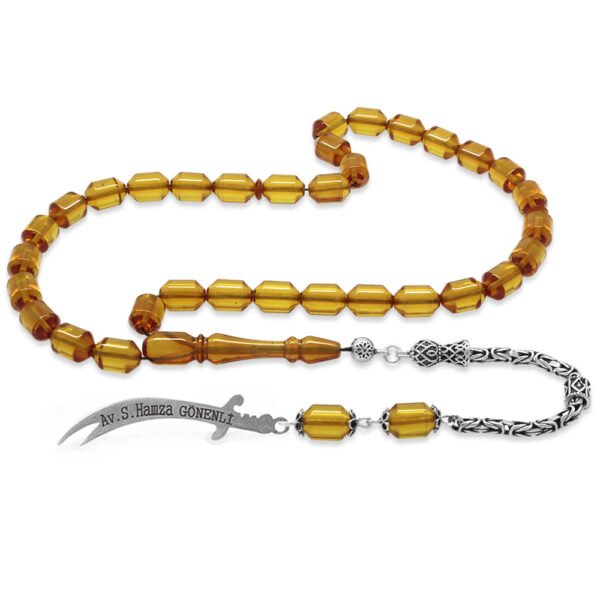 925 Sterling Silver King Tassel Tipped Capsule Cut Personalized Name Written Yellow Fire Amber Rosary