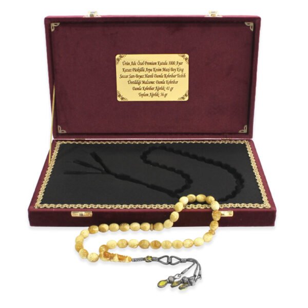 Special Premium Boxed 1000 Kt Kazaz Tasseled Barley Cut Maxi Size King Seccer Yellow-White Hareli Drop Amber Rosary