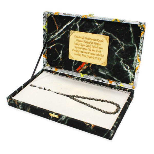 Special Premium Premium Boxed Hitamesi Nakkaşiyeli Kumpas Workmanship Intensive Silver Engraved Sphere Cut Erzurum Oltu Stone Rosary - Image 3
