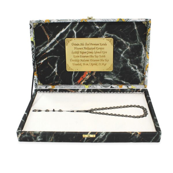 Special Premium Premium Boxed Hitamesi Nakkaşiyeli Kumpas Workmanship Intensive Silver Engraved Sphere Cut Erzurum Oltu Stone Rosary