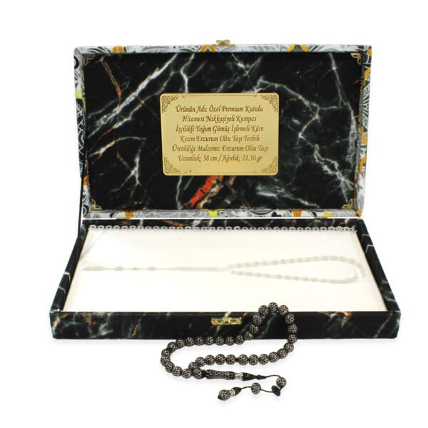Special Premium Premium Boxed Hitamesi Nakkaşiyeli Kumpas Workmanship Intensive Silver Engraved Sphere Cut Erzurum Oltu Stone Rosary - Image 4